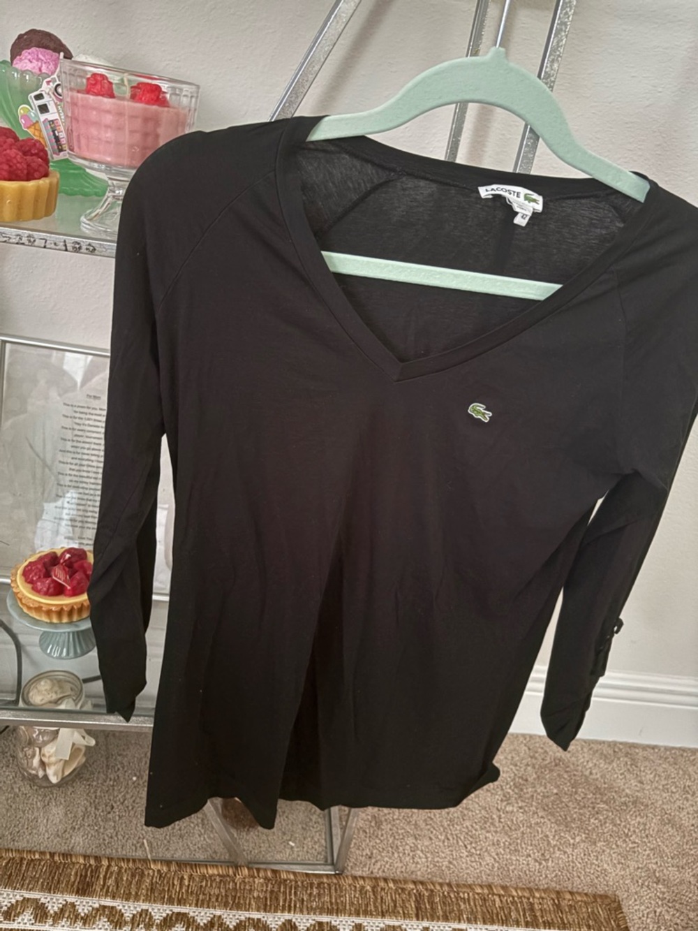 Lacoste Women’s V Neck Black Adjustable sleeve Pullover Top  Size 42 EUR-LG